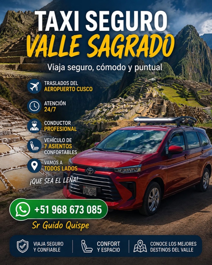 Flyer de Taxi Valle Sagrado: vehículo rojo de 7 asientos frente a Machu Picchu y las Salineras de Maras